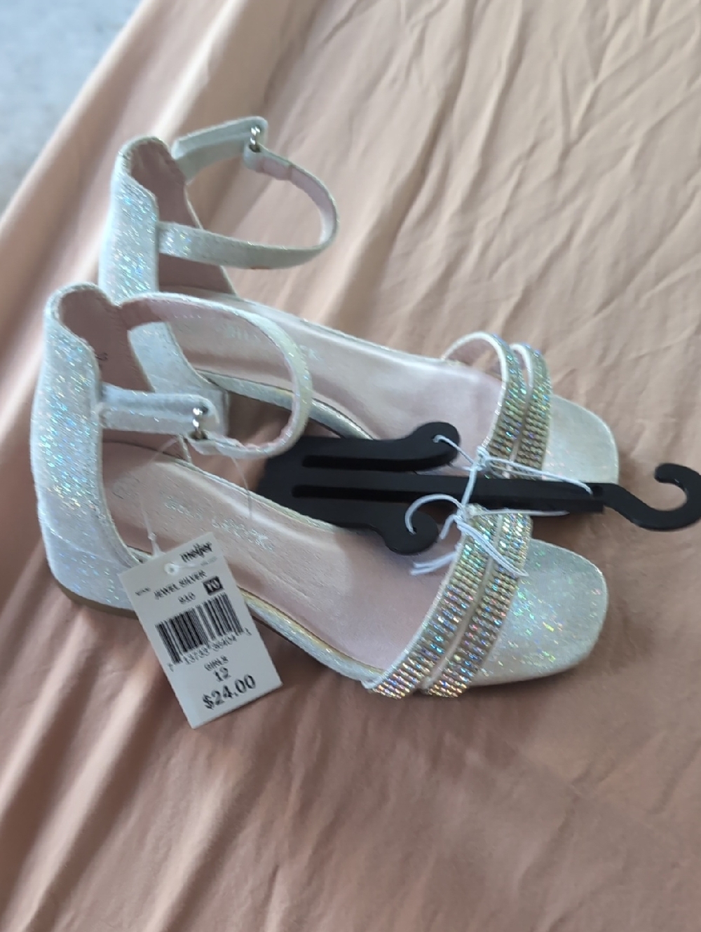 New Girls 12 Heel White Silver Sparkle Strappy Block Heel Sandals - White